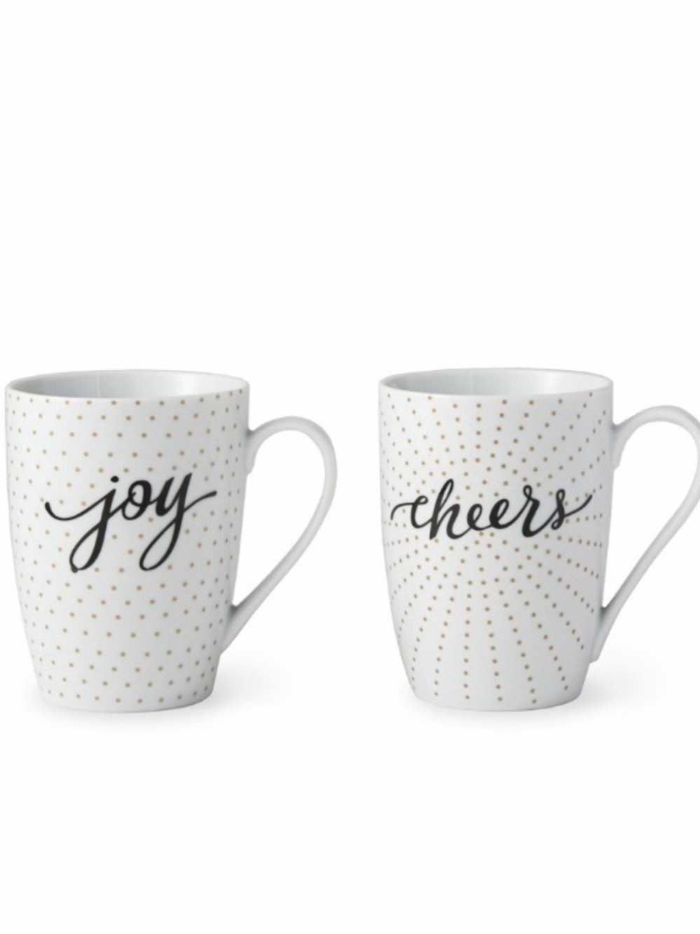 NWT Prima Design Joy & Cheers Gold-Dot Porcelain Mug Set. Brand New in Box!